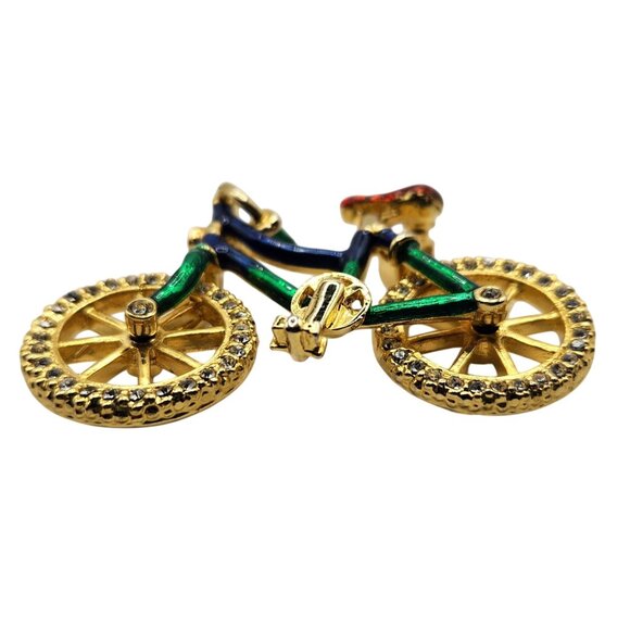 Vintage Enamel Rhinestone Bicycle Brooch Pin, Colorful Articulated Wheels - Picture 5 of 7
